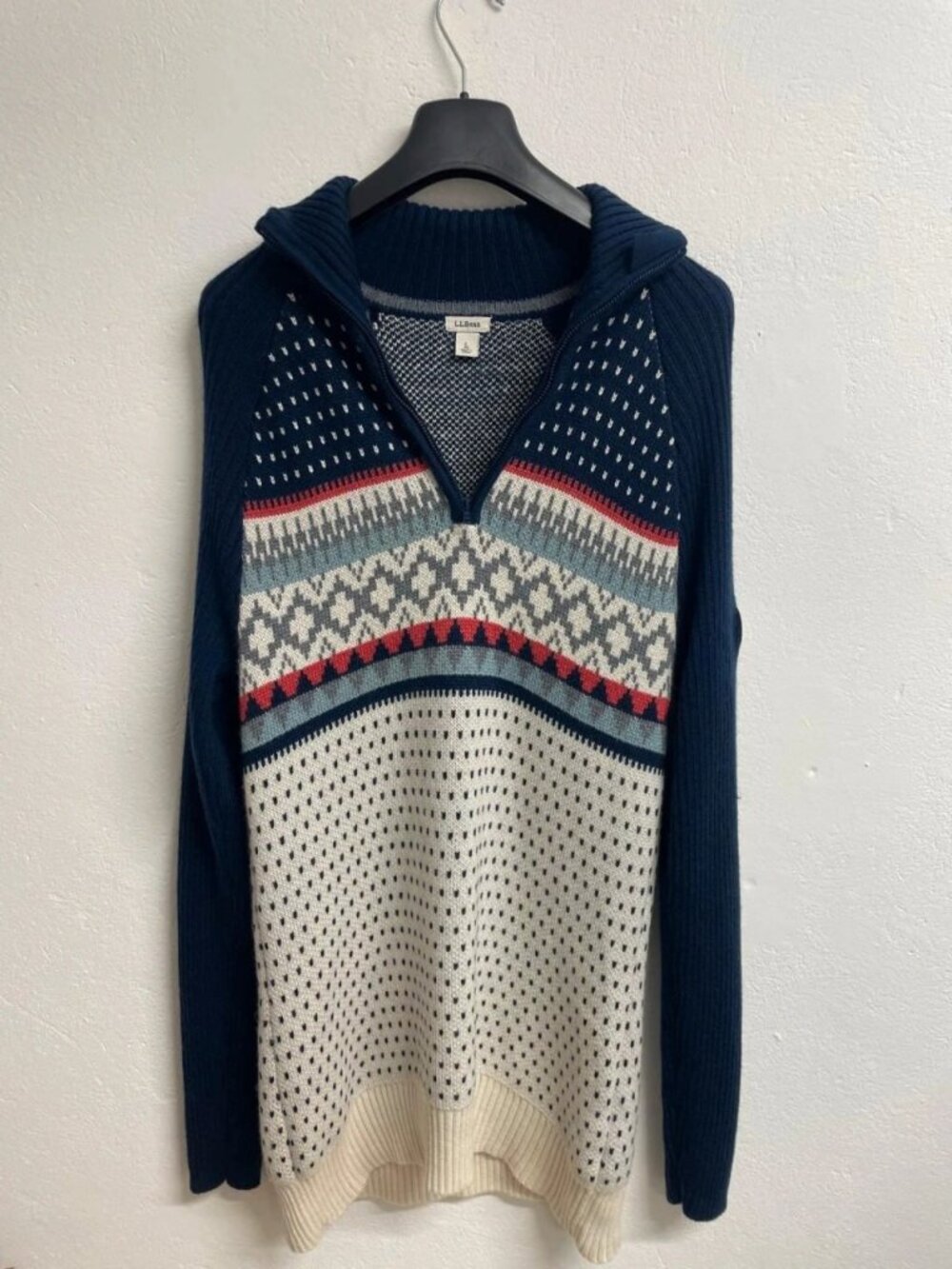 Navy Fair Isle Quarter Zip Wool Sweater Size L